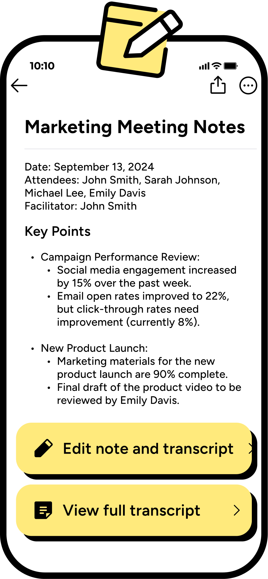AI Note Taker interface displaying meeting notes and summary